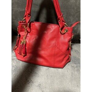 Lanzhixin Red Vegan Leather Shoulder Bag Tassel Accents Gold Hardware